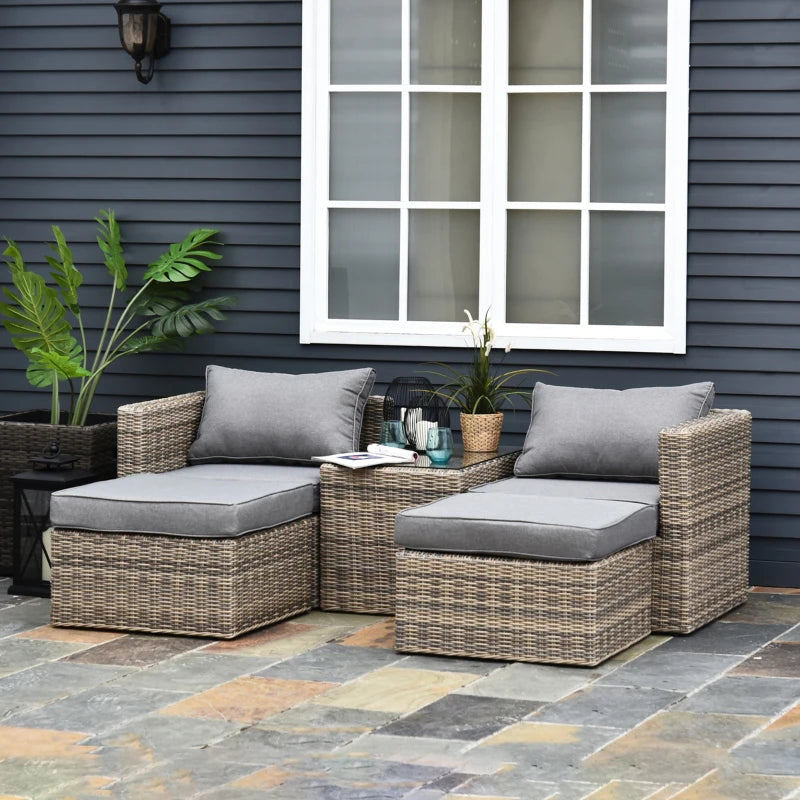 Mixed Brown 5 Piece Rattan Balcony Sofa Set with Corner Armchairs, Ottomans, and Glass Top Table