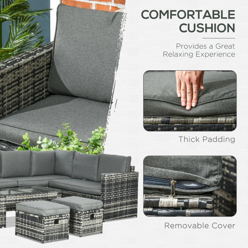 Grey 8-Seater Rattan Corner Sofa with 3 Cushioned Loveseats + 2 Footstools and Table