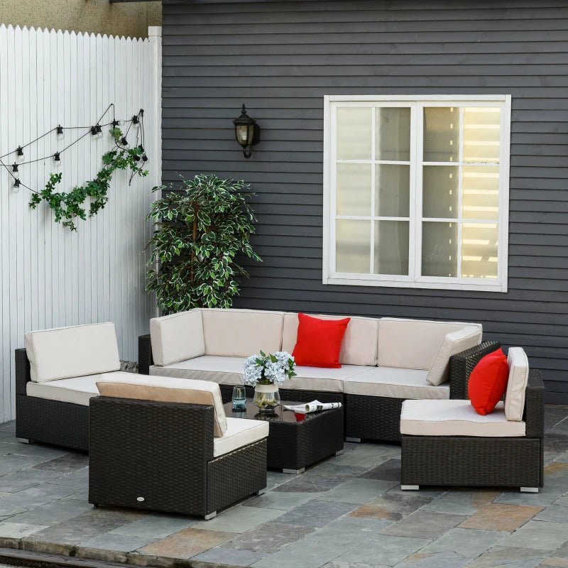 Dark Brown 7 Piece Rattan Furniture Set with Thick Padded Cushions