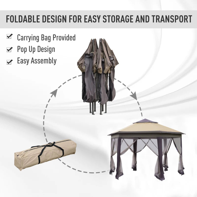 Beige Hexagon Patio Gazebo with Netting