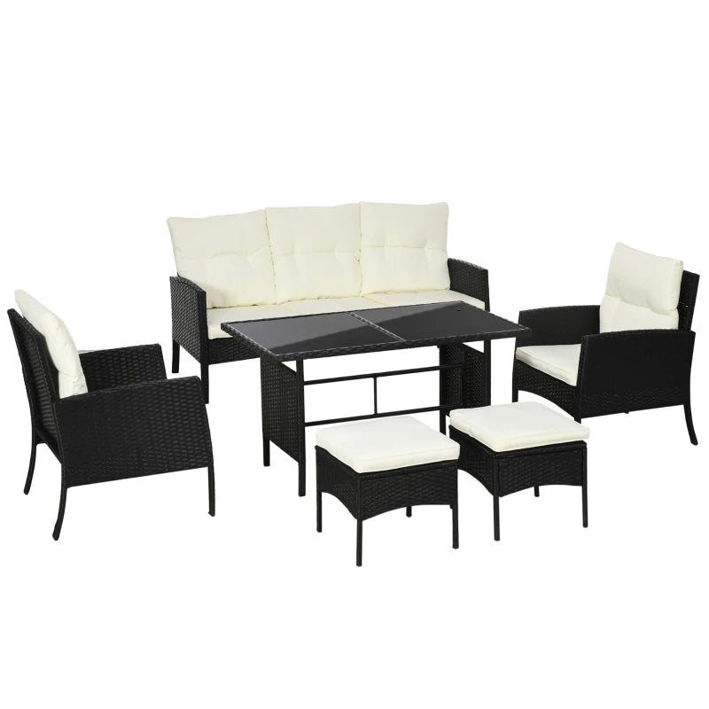 Black 6 Piece rattan Furniture Set - 2 Armchairs, 3-Seater Wicker Sofa, 2 Footstools and Glass Table