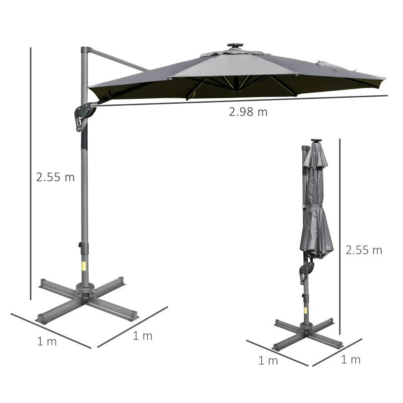 2.55H x 2.98m Light Grey Adjustable Cantilever Parasol With LED Lights