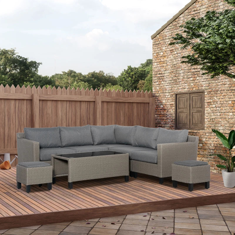 8 Piece Grey Rattan Sofa Set With Tempered Glass Coffee Table & Cushions