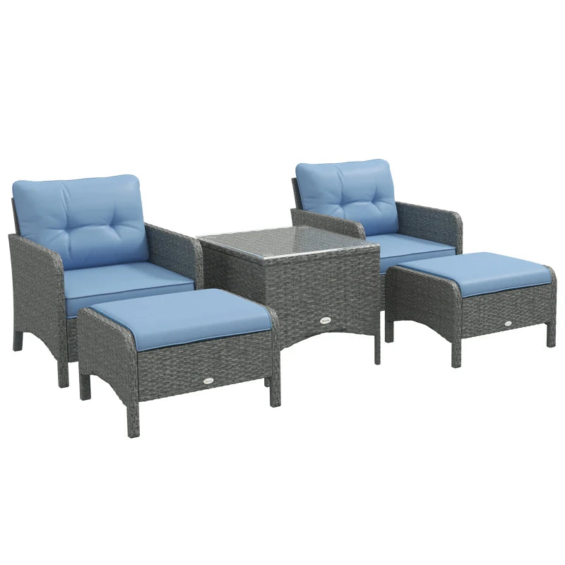 Blue 5 Piece Rattan Chair Set - 2 Armchairs & 2 Stools With Glass Top Table