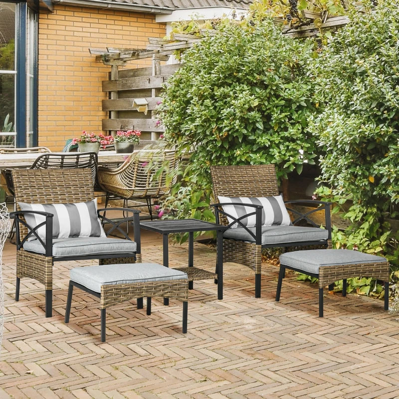5 Piece Rattan Bistro Set With Footrests & Padded Outdoor Seating