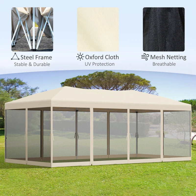 Beige 3m x 6 m Pop Up Gazebo with Mesh Sidewalls and Storage Bag