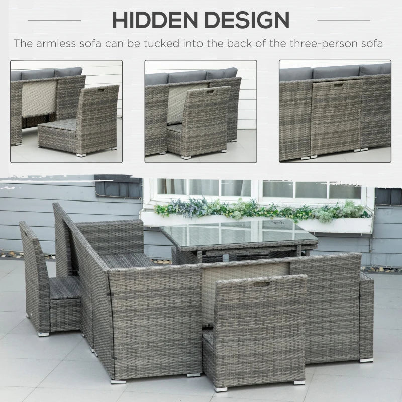 10-Seater Rattan Sofa With Footstools and Expandable Glass Table
