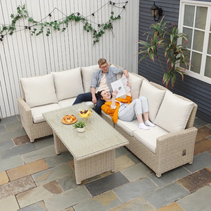 Light Brown 6-Seater Reclining Rattan Dining Set With Glass Table & Olefin Cushions