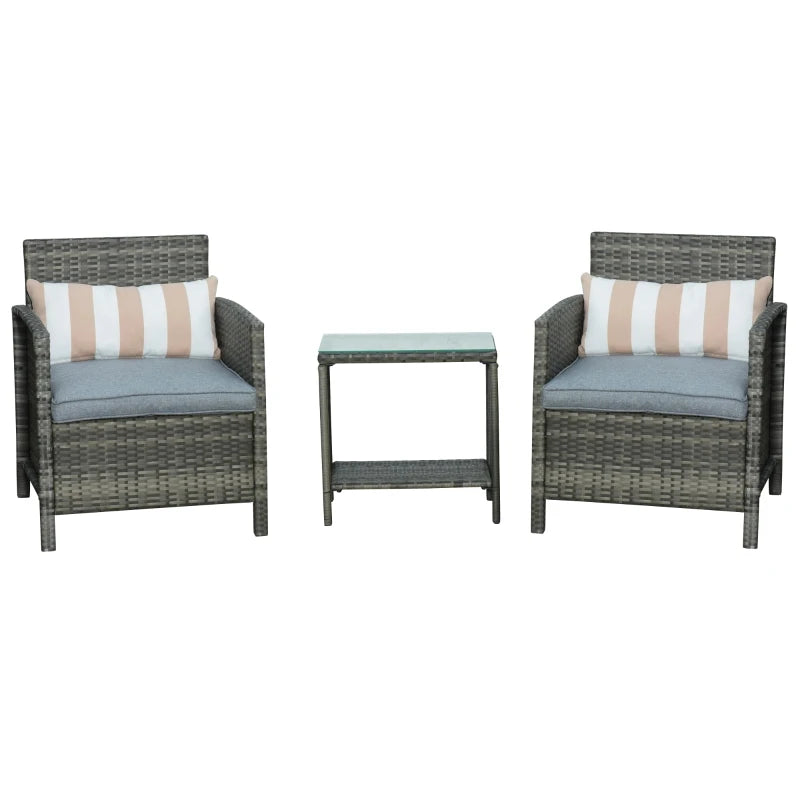 Grey Rattan Bistro Set With Blue Cushions and Striped Pillows, Plus Glass Top Table