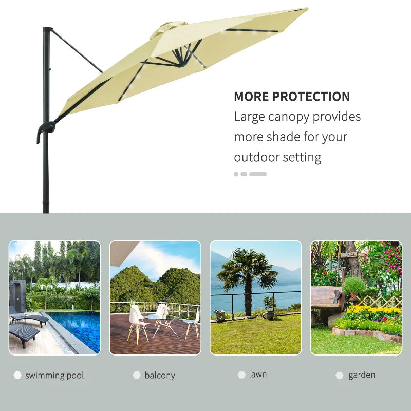 3m x 2.45m Beige Adjustable Cantilever Parasol With LED Lights