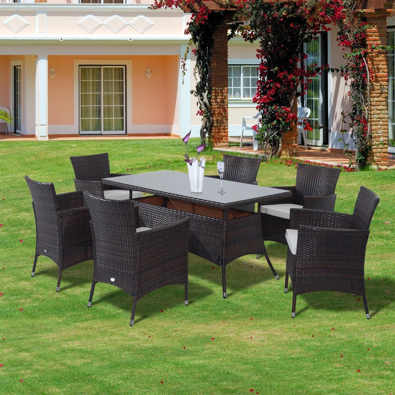 6 Seater Rattan Dining Set with Cushions - Rattan Garden Furniture Set with 6 Armchairs & Rectangular Glass Top Table