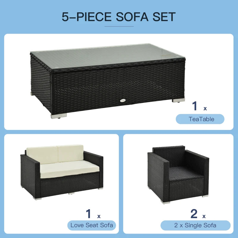Black 4 Piece Rattan Furniture Set with Cream Cushions, 2 Armchairs and Glass Top Coffee Table