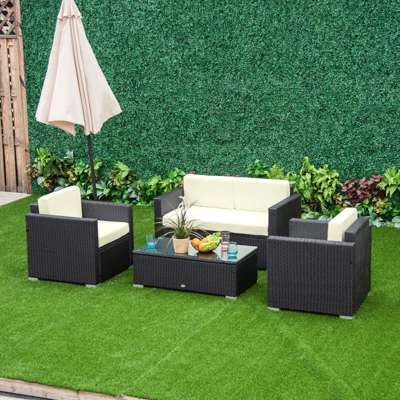 Black 4 Piece Rattan Furniture Set with Cream Cushions, 2 Armchairs and Glass Top Coffee Table