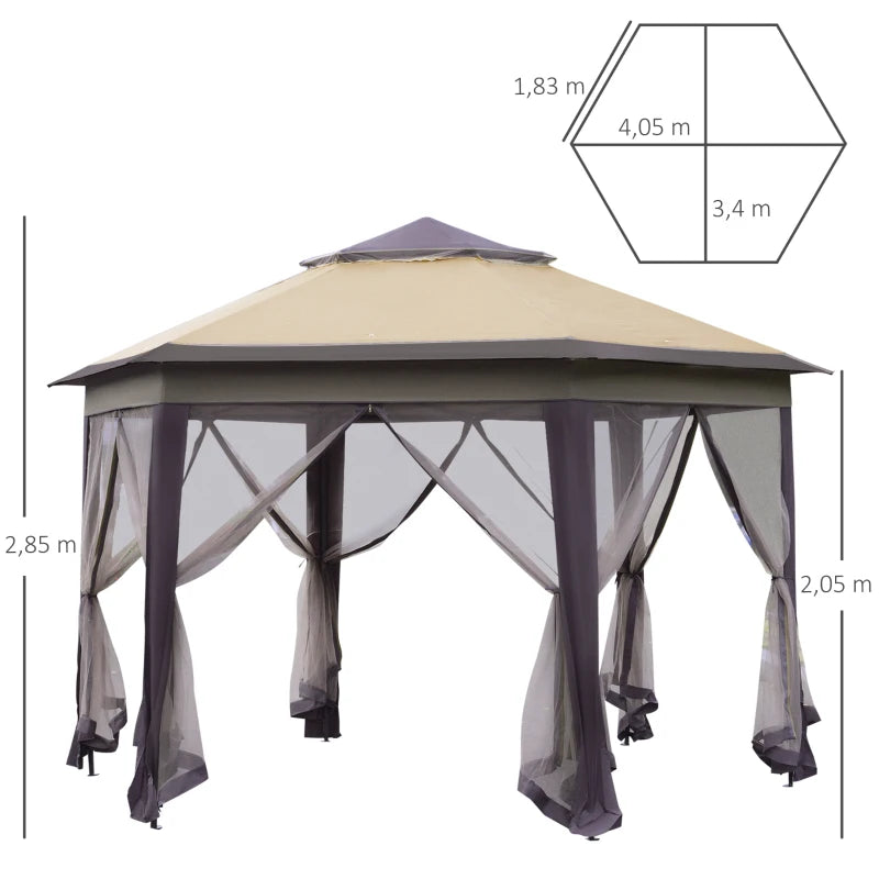 Beige Hexagon Patio Gazebo with Netting