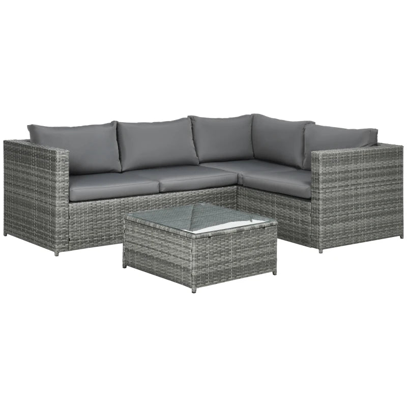 Grey 4 Seater Rattan Corner Sofa With Coffee Table and Thick Cushions