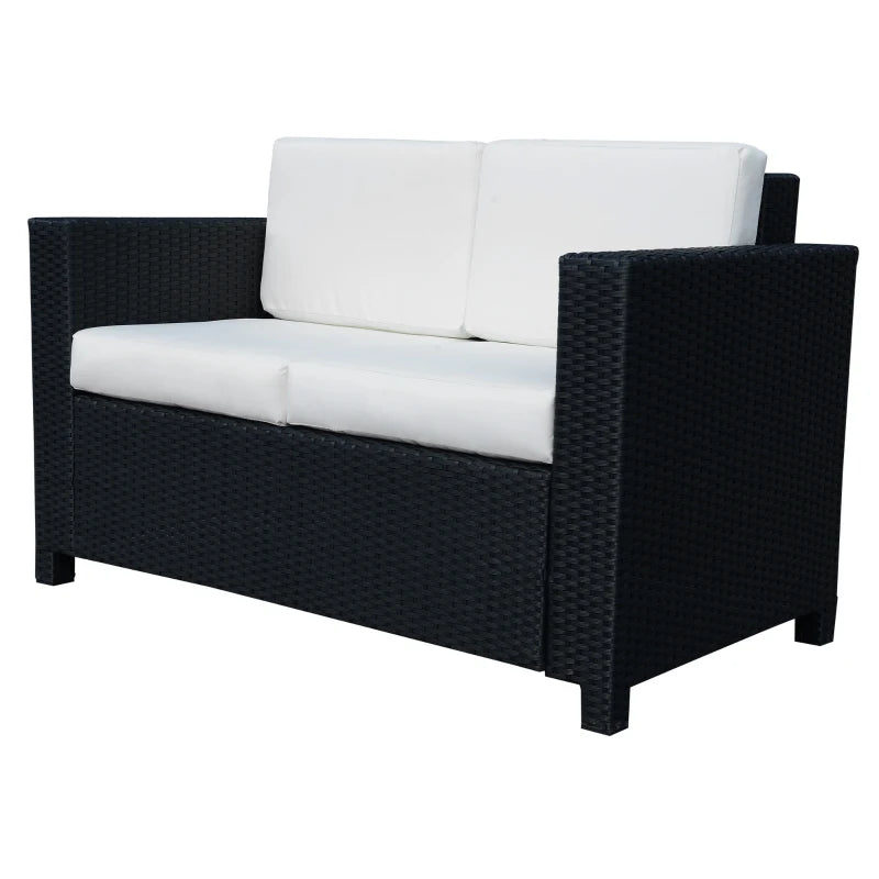 Black 2 Seater Rattan Sofa with Soft Padded White Cushions