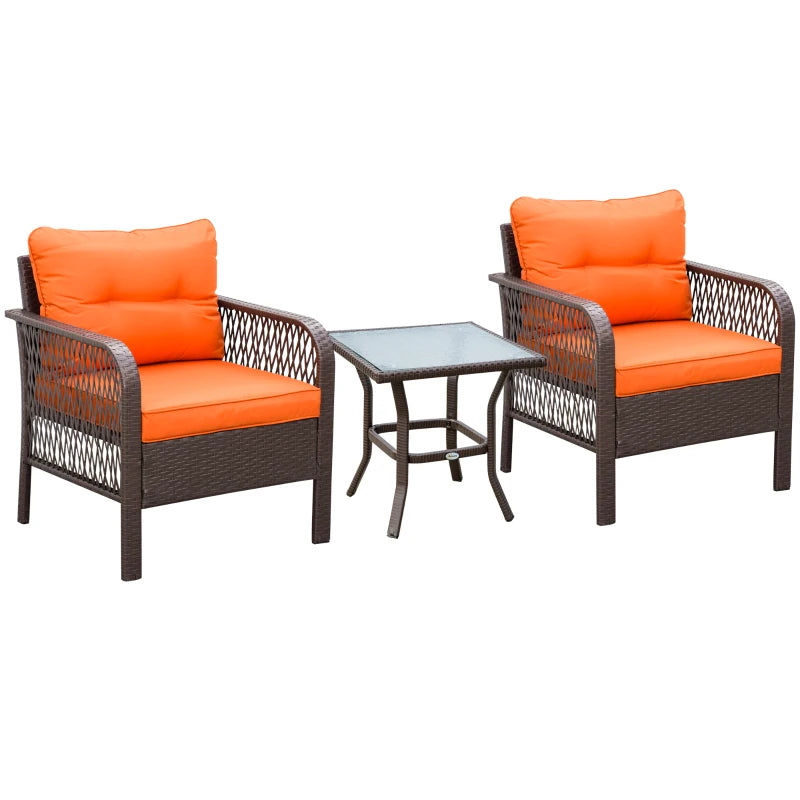 Dark Brown Patterned Rattan Bistro Set With Orange Cushions