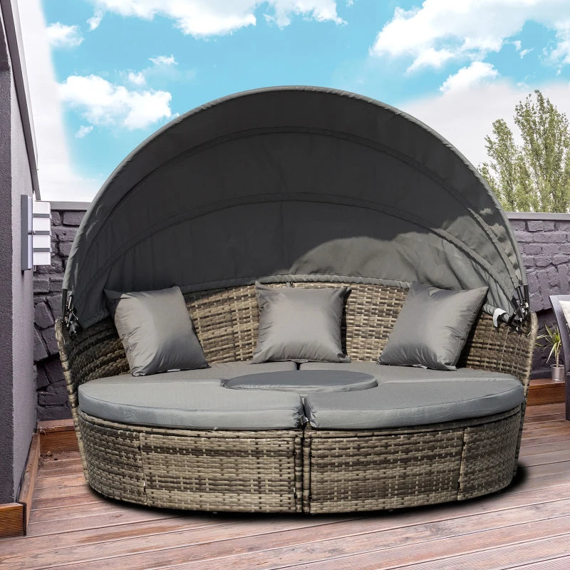 Dark Grey Round Rattan Daybed with Retractable Canopy and Coffee Table