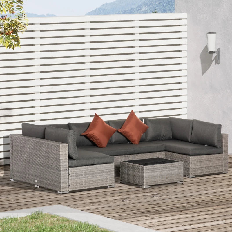 Grey Four-Piece 6 Seater Rattan Corner Sofa Set With Red Cushions