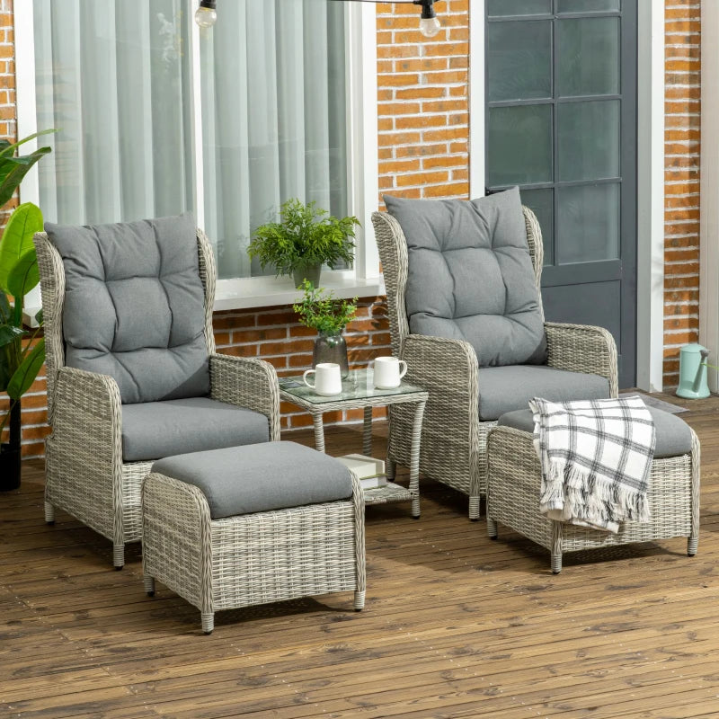 Mixed Grey 5 Piece Recliner Lounger Bistro Chairs with Glass Top Table and Footstools