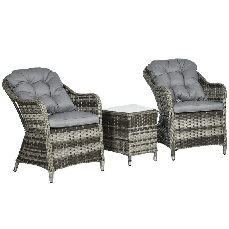 Curved Rattan Bistro Set | 2 Armchairs & Table With Cushions & Glass Tabletop