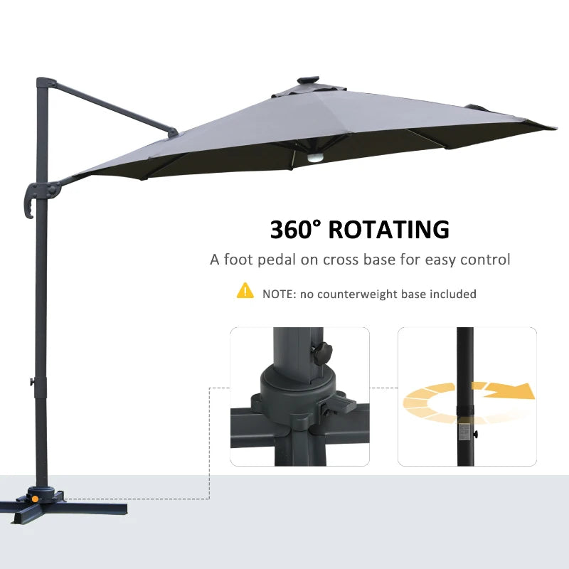 2.55H x 2.92m Grey Cantilever Parasol With Solar Powered LED Lights