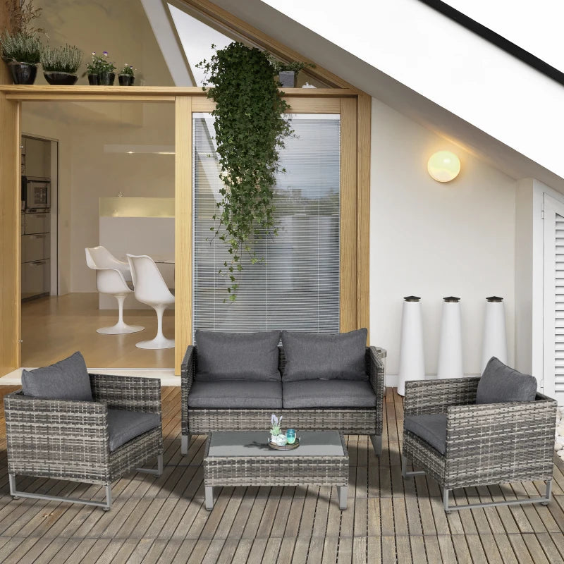 Dark Grey 4 Piece Rattan Sofa Set With Armchairs, Loveseat and Glass Top Coffee Table