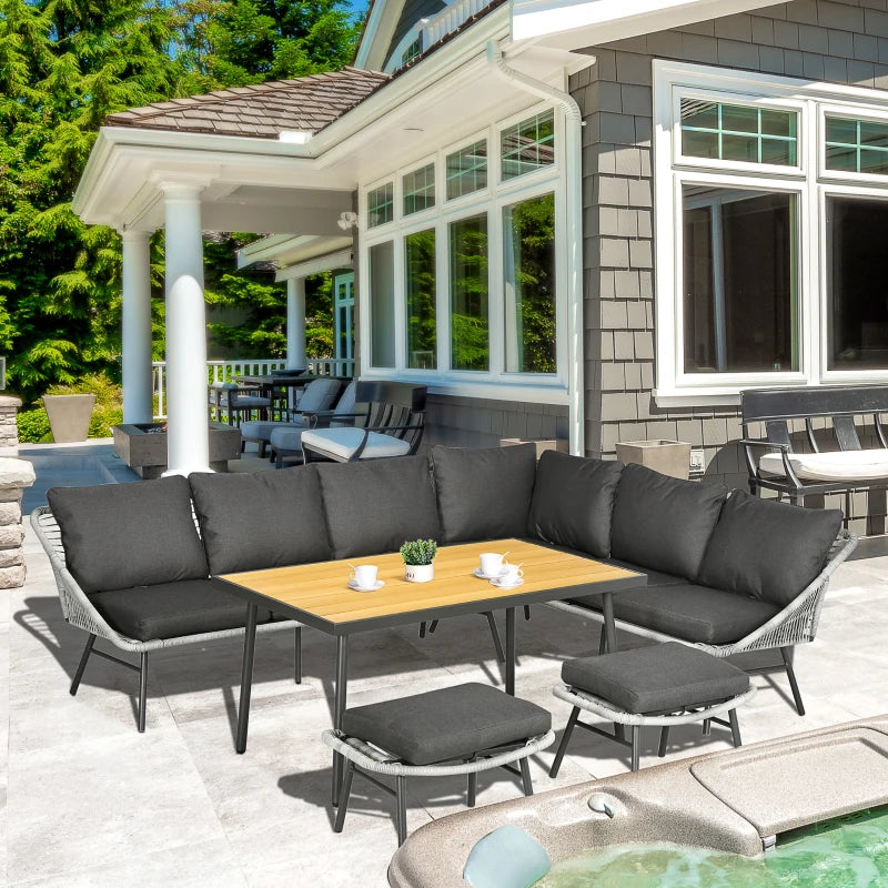 Dark Grey 6 Seater Rattan Furniture Set with Sofa, Footstool and Wood-Plastic Coffee Table