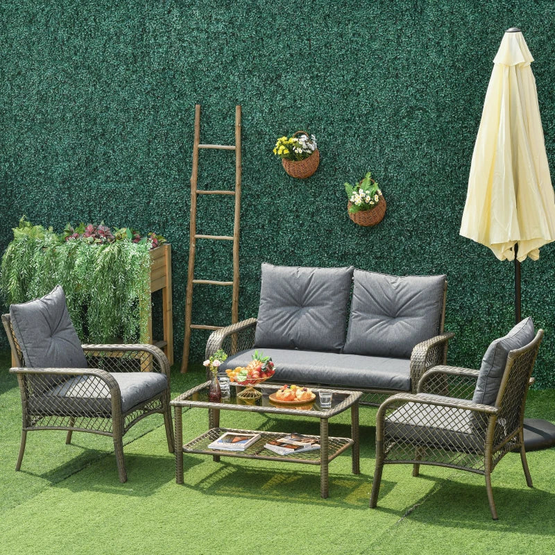 4 Piece Patio PE Rattan Wicker Sofa Set With Two Tier Coffee Table & Cushions
