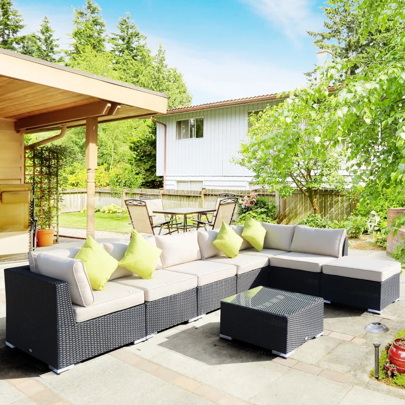 Black 8 Piece Rattan Corner Sofa Set with Cushions and Glass Top Table