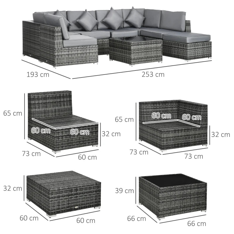 Grey 8 Piece Rattan Corner Sofa Set With Washable Cushion Covers & Tempered Glass Table