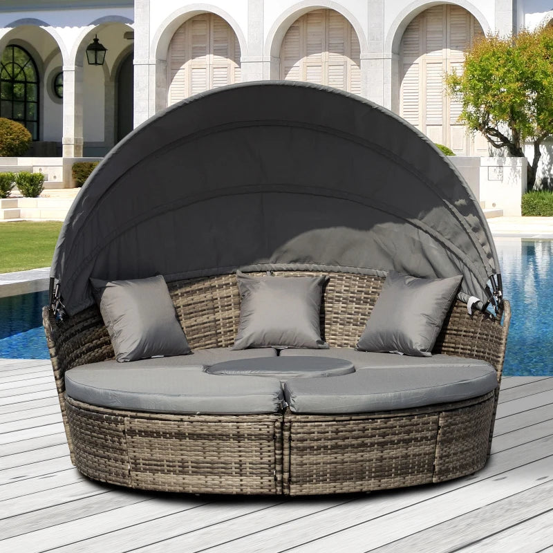 Dark Grey Round Rattan Daybed with Retractable Canopy and Coffee Table