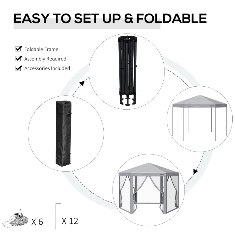 Grey 3m x 3m Hexagonal Pop Up Gazebo - Adjustable Height and Roller Bag