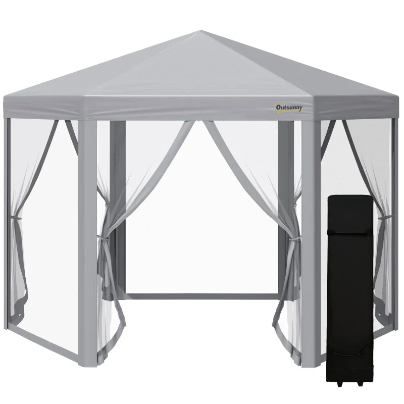 Grey 3m x 3m Hexagonal Pop Up Gazebo - Adjustable Height and Roller Bag