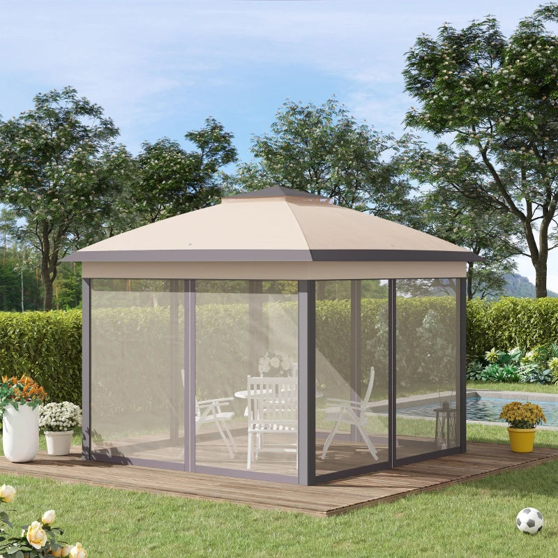 Beige Foldable Pop Up Gazebo with Zippered Mesh Sidewalls