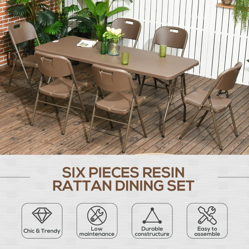 6 Seater Garden Dining Set - Rattan-Style HDPE Garden Furniture Set, Outdoor Dining Table and Chairs with 6 Armchairs and Rectangular Plastic Top Table for Patio
