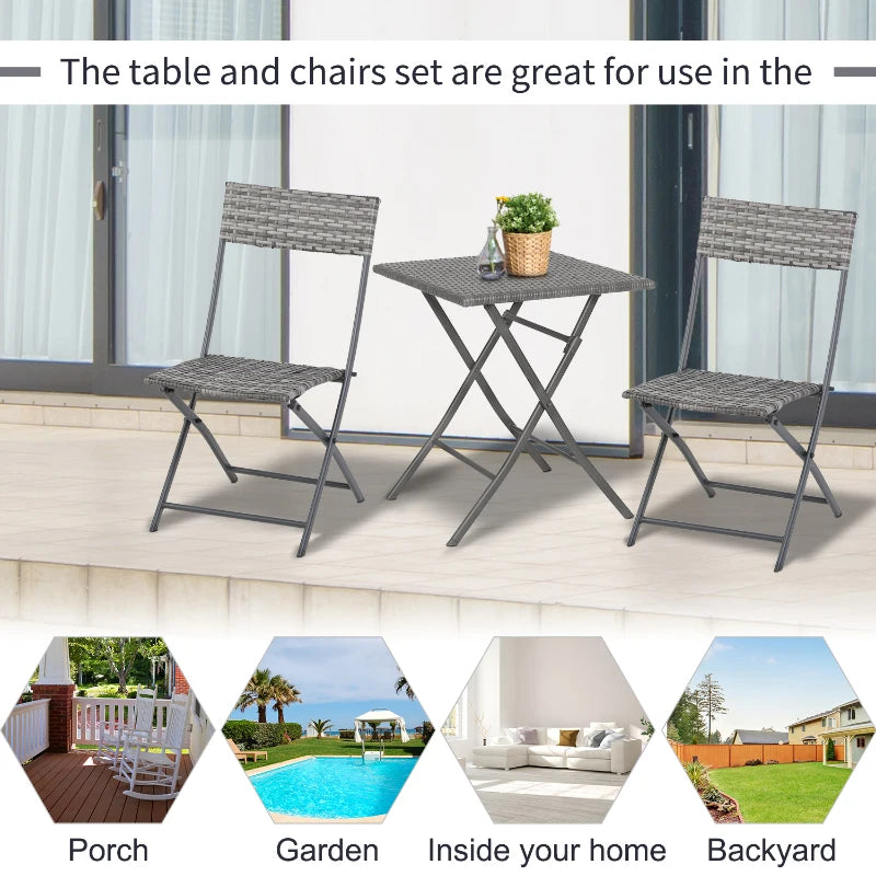 Grey 2 Seater Foldable Rattan Bistro Set With Square Table