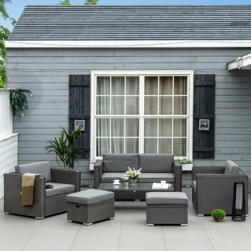 Grey 6 Piece Rattan Sofa Set With Loveseat Stool