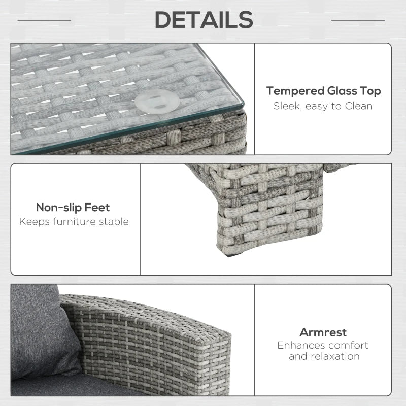 Rattan Garden Furniture Set with Three-seats, Armchairs, Footstools and Glass Top Dining Table