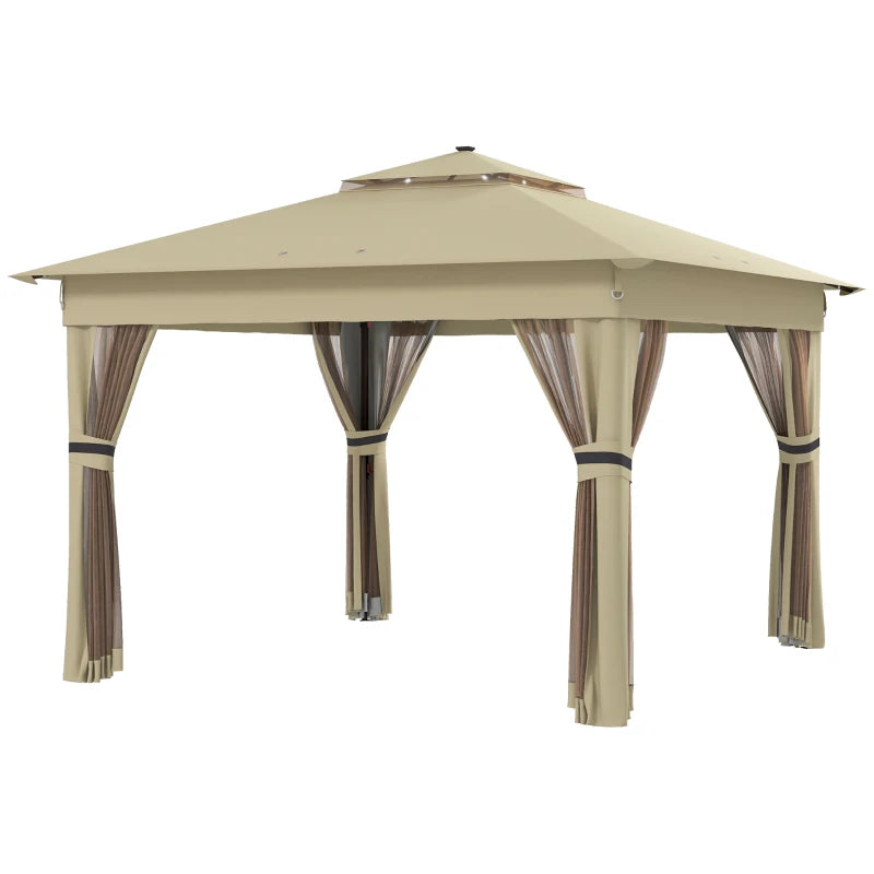 3m x 3m Khaki Pop Up Gazebo with Solar-Powered LED Lights