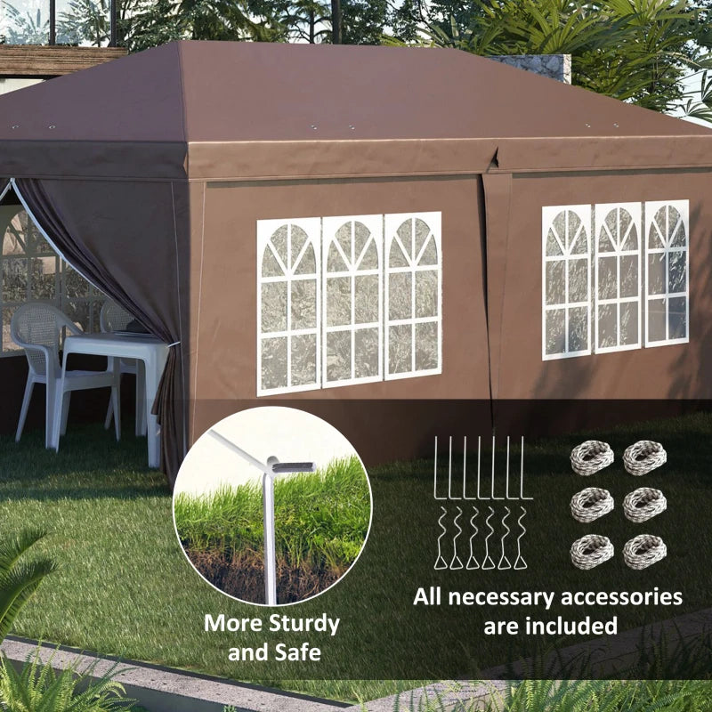 3m x 6 m Brown Pop Up Gazebo with Sides and Windows