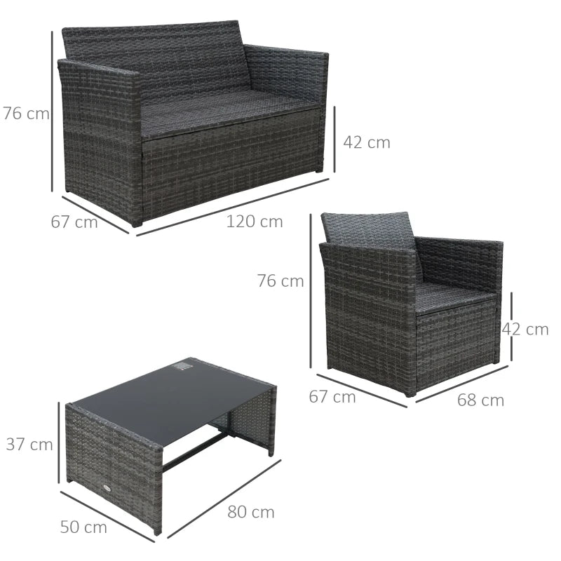 4 Piece Rattan Furniture Set with Cushions, Loveseat, 2 Armchairs and Glass Top Coffee Table