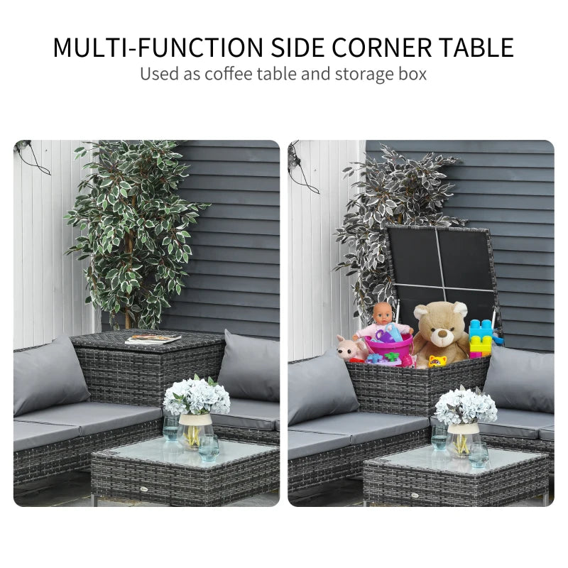 x2 Mixed Grey Rattan Sofas With Grey Cushions and Table Set with Side Storage - For Corner & Patio
