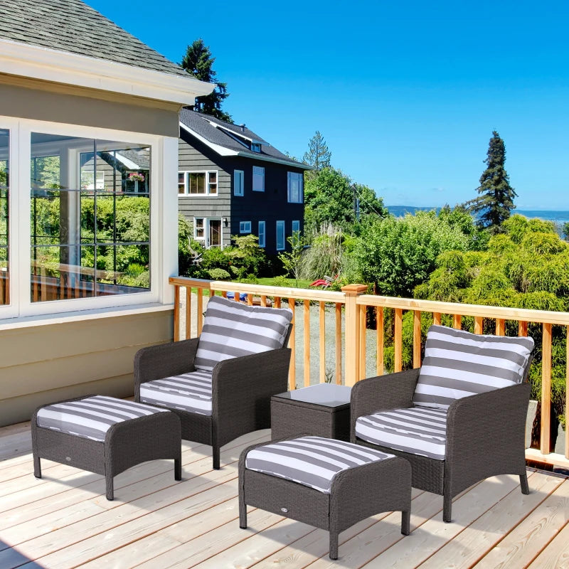 Dark Grey 5 Piece Rattan Set With 2 Armchairs, 2 Stool and Glass Top Table - Striped Grey Cushions