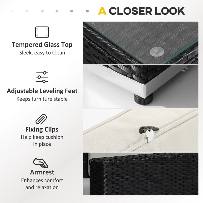 Black 8 Piece Rattan Corner Sofa Set with Cushions and Glass Top Table