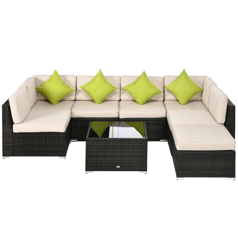 Brown 7-Seater Rattan Corner Sofa Set, Garden Furniture Set & Tempered Glass Table