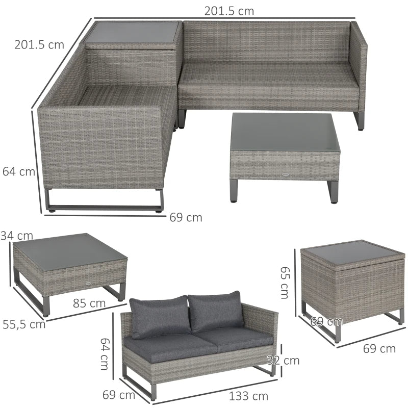 Grey 4 Rattan Wicker Sofa Set With Coffee Table, Side Storage Box & Cushions