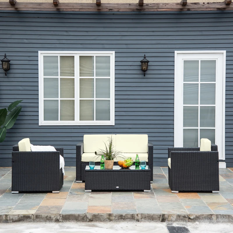 Black 4 Piece Rattan Furniture Set with Cream Cushions, 2 Armchairs and Glass Top Coffee Table