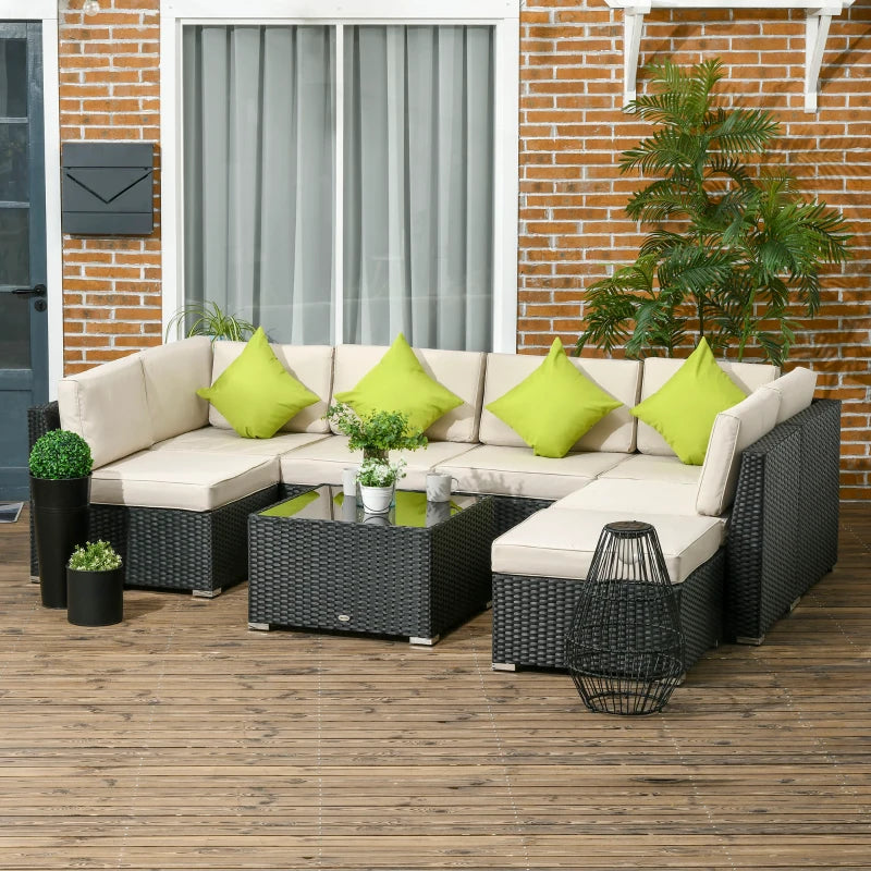 Black 8 Piece Rattan Corner Sofa Set - Washable Cushion Covers & Tempered Glass Table