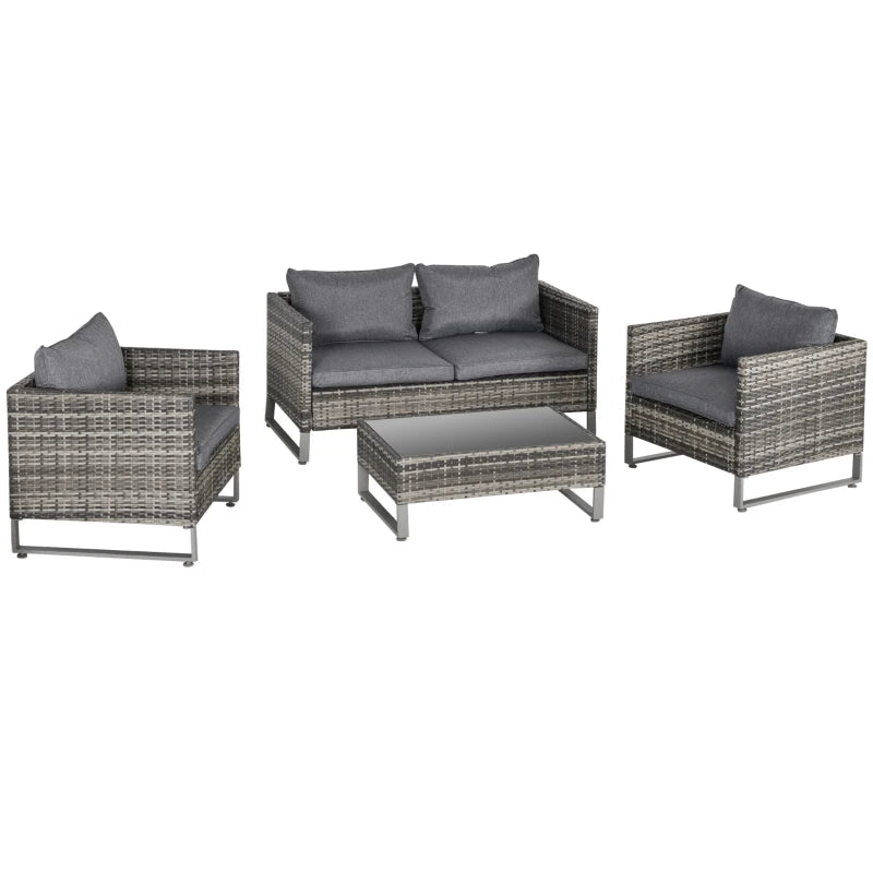 Dark Grey 4 Piece Rattan Sofa Set With Armchairs, Loveseat and Glass Top Coffee Table